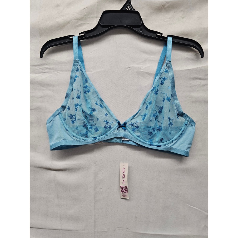 Adore Me Womens Floral Embroidered Mesh Unlined Underwire Bra Blue Size 38B